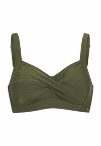 Olijfgroen bikini-top van rekbare stof, met een gedraaide voorkant en verstelbare bandjes voor comfort en ondersteuning.