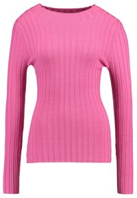 Maglione aderente a maniche lunghe di colore rosa in maglia a coste, con scollo rotondo e strisce verticali texturizzate.