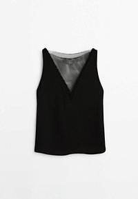 Haut noir sans manches avec un décolleté en V, featuring un panneau en maille texturé à l'arrière. Design simple avec une finition en tissu lisse.