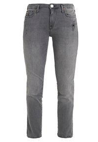 Szare dżinsy o wąskim kroju, z wyblakłą teksturą, pięcioma kieszeniami i delikatnymi przetarciami na przodzie. Z metalowym zapięciem na guzik.