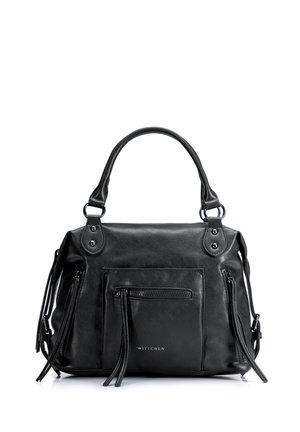 Borsa a mano in pelle nera con doppio manico, tasca frontale con cerniera, cerniere laterali e il nome del marchio Wittchen sulla tasca frontale.