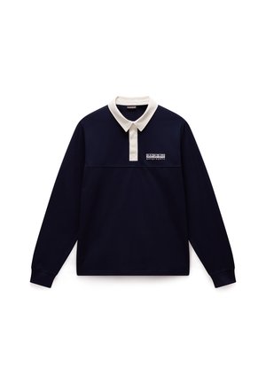 Navy long-sleeve polo shirt featuring a cream collar and a small white logo on the chest. Made of soft fabric with a relaxed fit.