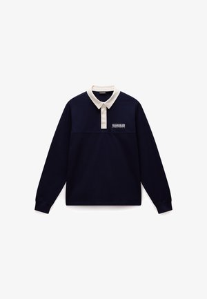 Polo de manga larga en color marino con cuello crema y un pequeño logo blanco en el pecho. Fabricado en una tela suave con un corte relajado.