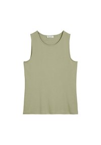 Light olive green tank top with a round neckline and sleeveless design. Made from smooth, stretchy fabric. Simple, solid color with no patterns.