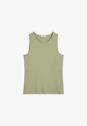 Licht olijfgroen tanktop met een ronde halslijn en mouwloos ontwerp. Gemaakt van glad, rekbaar materiaal. Eenvoudige, effen kleur zonder patronen.