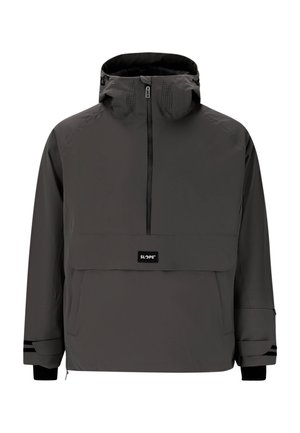 Schwarze, wasserdichte Pulloverjacke mit hohem Kragen, halbem Reißverschluss vorne, Fronttasche und schwarzem Logo. Verfügt über strukturierte Akzente an der Kapuze.