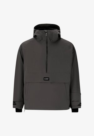 Schwarze, wasserdichte Pulloverjacke mit hohem Kragen, halbem Reißverschluss vorne, Fronttasche und schwarzem Logo. Verfügt über strukturierte Akzente an der Kapuze.