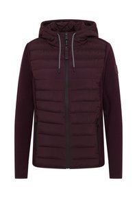 Veste matelassée bordeaux avec fermeture éclair sur le devant et capuche. Présente un tissu contrastant sur les manches et les côtés, ainsi que deux poches zippées.