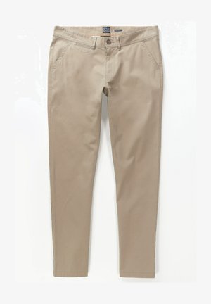 Beige chinos lavet af en blanding af bomuldsstof. Har lynlås, bæltestropper, forlommer og et lige ben-design. Glat tekstur.