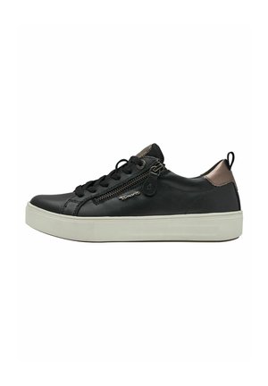 Schwarzer Ledersneaker mit einer weißen Sohle, mit Schnürdesign, seitlichem Reißverschluss und einem bronzefarbenen Akzent an der Ferse. Strukturierte Gummisohle.