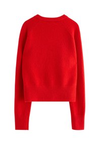 Röd långärmad tröja med rund hals och ribbade muddar och fåll, visad från baksidan på en vit bakgrund.