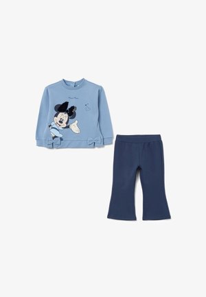 Maglietta azzurra a maniche lunghe con grafica di Minnie Mouse e fiocchi abbinata a pantaloni a zampa di elefante blu navy per bambini.