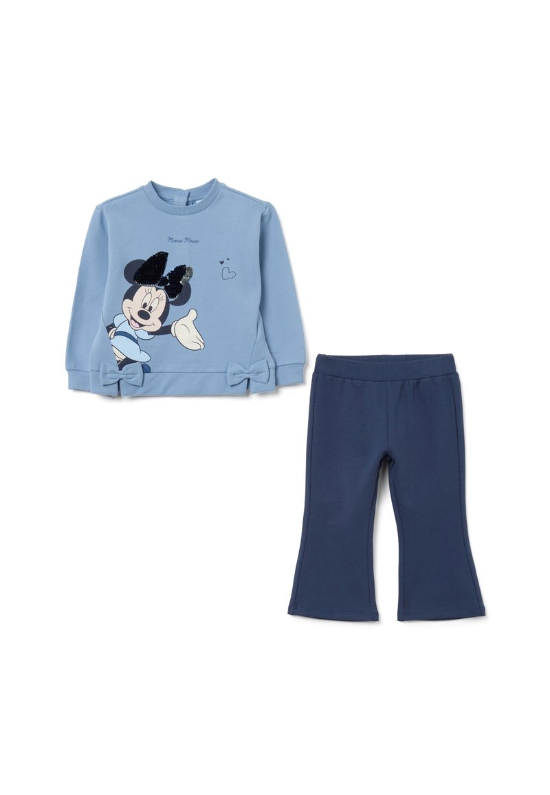 Haut à manches longues bleu clair avec un motif de Minnie Mouse et des nœuds, associé à un pantalon évasé bleu marine pour les tout-petits.