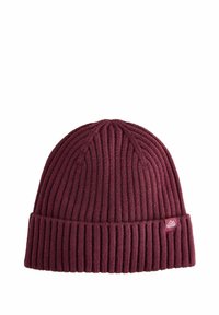Maroon knit beanie with ribbed texture, featuring a folded cuff and a small logo tag on the side.