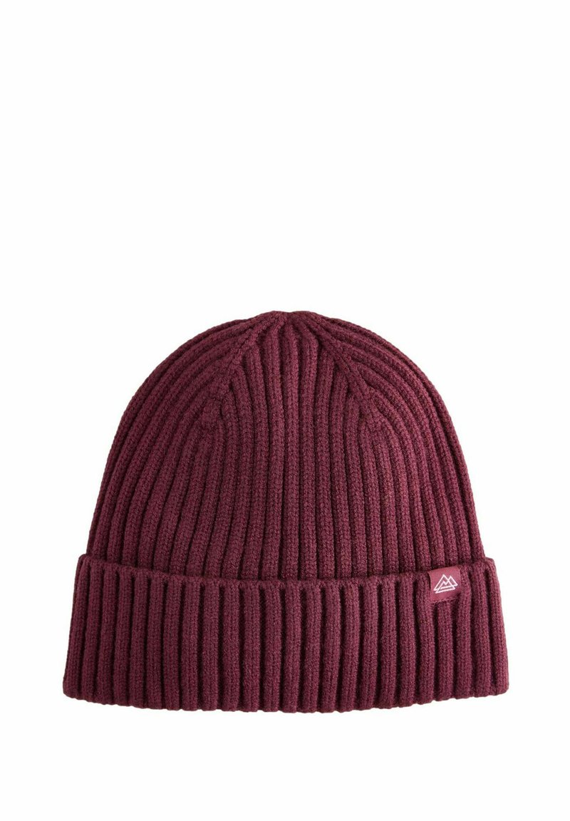 Maroon knit beanie with ribbed texture, featuring a folded cuff and a small logo tag on the side.
