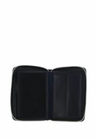 Black leather wallet open with visible card slots and a zip-around silver zipper on a white background.