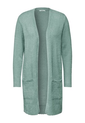 Hellgrüner Cardigan aus weichem Stoff, mit offenem Vorderteil, langen Ärmeln und zwei Fronttaschen. Die Kanten sind leicht ausgefranst.