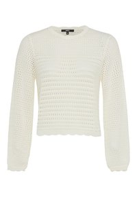Maglione bianco lavorato a maglia con maniche lunghe, caratterizzato da un motivo aperto testurizzato, scollatura rotonda e orlo scallop.