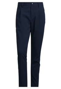 Marineblauwe broek van een gladde stof met een getailleerd ontwerp, voorzien van voorplooien, riemlussen en een rits met knoopsluiting.