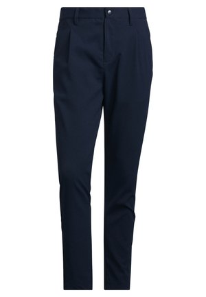 Navy blue trousers in a smooth fabric with a tailored design, featuring front pleats, belt loops, and a zip fly with a button closure.