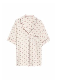 Kurzarmpyjamaoberteil mit Kragen in hellem Creme mit einem rosa Sonnenstrahlenmuster und kontrastierendem Besatz, ausgestattet mit einer Brusttasche.