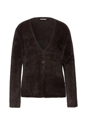 Cardigan fluffy marrone scuro con scollatura profonda a V, maniche lunghe e cinque bottoni neri sul davanti. Texture morbida in tutto il capo.