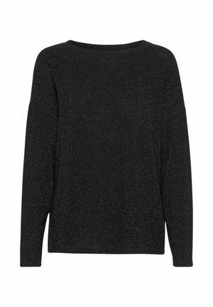 Juodas, ilgarankovis megztinis su minkšta, mėlynu tekstūra ir subtiliu blizgesiu. Plati apykaklė ir poilsio pritaikymas su tiesiomis priekinėmis siūlėmis.