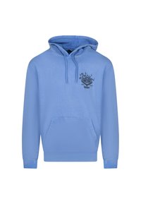 Jasnoniebieska bluza z kapturem wykonana z miękkiego materiału, z przednią kieszenią i czarnym wzorem graficznym na klatce piersiowej. Zawiera regulowane sznurki.