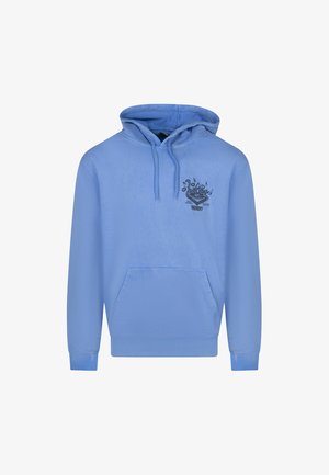 Haut à capuche bleu clair en tissu doux, avec une poche avant et un motif graphique noir sur la poitrine. Comprend des cordons de serrage réglables.