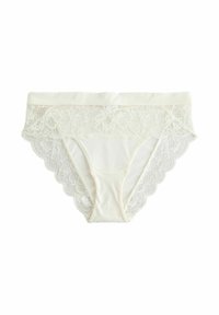 Katoenen kantblonde slipjes in gebroken wit, met een geschulpte kantrand en een zachte, elastische tailleband. Glad textuur overal.