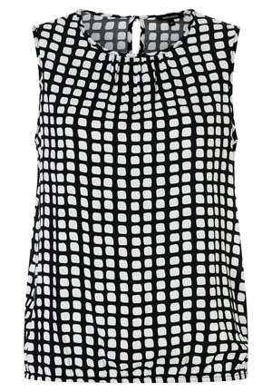 Ärmelloses schwarzes Oberteil mit unregelmäßigem weißem Quadratgittermuster, rundem Ausschnitt mit Schlitz- und Knopfverschluss sowie gerafften Stoffdetails.