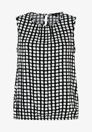 Ærmeløs sort top med hvidt uregelmæssigt kvadratisk gittermønster, rund halsudskæring med knappelukning og detaljer med rynket stof.