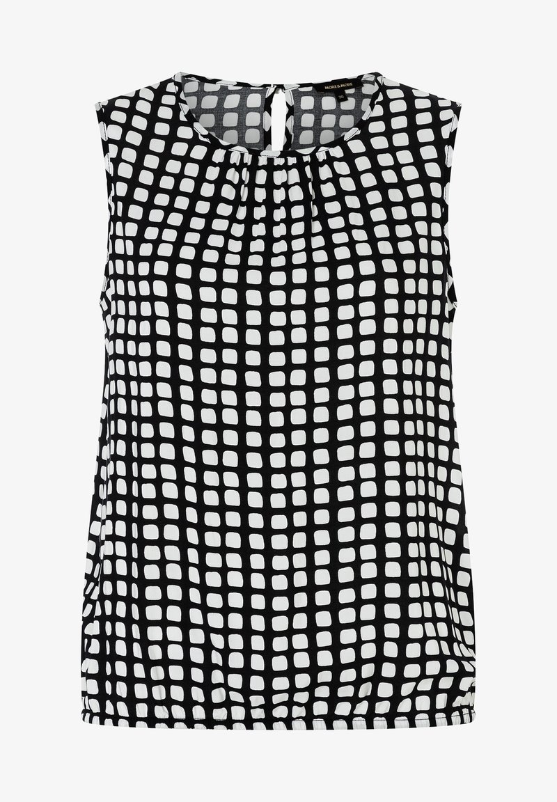 Haut noir sans manches avec motif à grille carrée irrégulière blanche, encolure ronde avec fermeture à bouton et œillet, et détails de tissu froncé.
