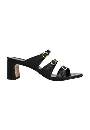 Black leather heeled sandals with three wide straps and gold circular buckles. The heel is block-shaped and a medium height. Smooth texture.