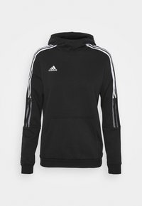 Sudadera con capucha negra con diseño de tres rayas blancas en las mangas, bolsillo delantero y logo de Adidas en el pecho; fabricada en una suave tela texturizada.