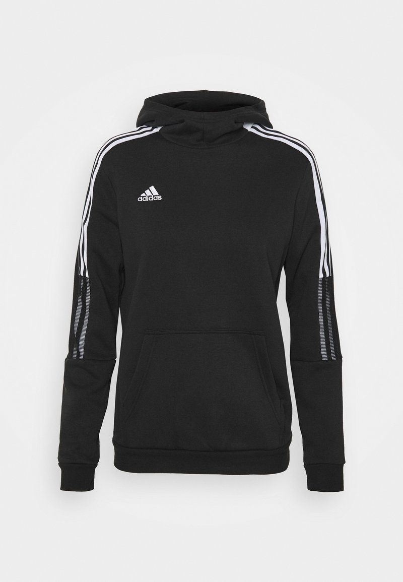 Black hooded sweatshirt with white three-stripe design on sleeves, front pocket, and Adidas logo on the chest; made of soft, textured fabric.