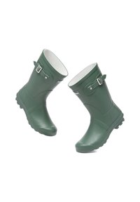 Green rubber rain boots with a rounded toe, mid-calf height, adjustable strap details, textured sole, and a smooth finish.