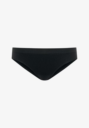 Czarny dół bikini o gładkiej teksturze, średnim stanem i umiarkowanym pokryciu. Posiada bezszwowy design i subtelny elastyczny materiał.