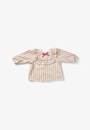 Blusa rigata rosa e bianca con maniche lunghe, colletto arricciato e dettaglio a fiocco rosso. Tessuto morbido con vestibilità rilassata e orlo arrotondato.