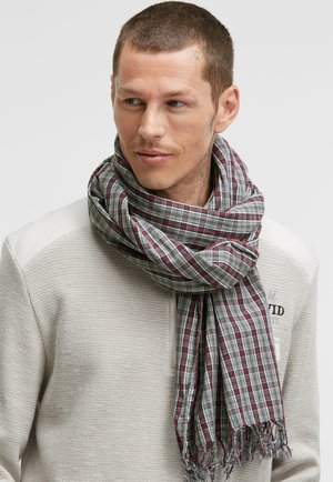 Karierter Schal in Grautönen, Rot und Grün, mit gefranstem Rand und leichtem Stoff, um den Hals gewickelt.