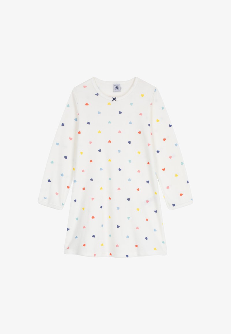 Φόρεμα μακρυμάνικο από βαμβάκι σε λευκό χρώμα, με πολύχρωμα μοτίβα καρδιών. Στρογγυλή λαιμόκοψη και σχεδιασμός με άνετη εφαρμογή. Πλένεται στο πλυντήριο.
