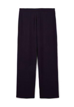 Pantalons larges côtelés violet avec une taille élastique, présentant une texture lisse et une coupe décontractée sur l'ensemble des jambes.