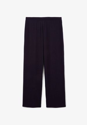 Pantalons larges côtelés violet avec une taille élastique, présentant une texture lisse et une coupe décontractée sur l'ensemble des jambes.