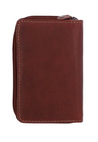 Brown leather wallet with a textured surface, zip closure, and visible stitching accents on the edges. Compact rectangular shape.