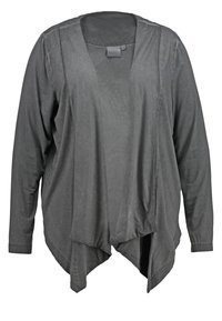 Cardigan gris foncé à manches longues, ouvert sur le devant, avec un ourlet drapé et asymétrique, en tissu doux et léger.