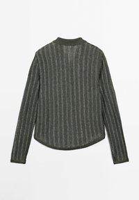 Dark green ribbed long-sleeve shirt with white vertical stripes, displayed flat with the back facing up on a white background.