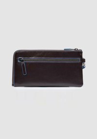 Dark brown leather wallet with a smooth texture, featuring a blue zipper and accent stitching, includes an external zip pocket for additional storage.