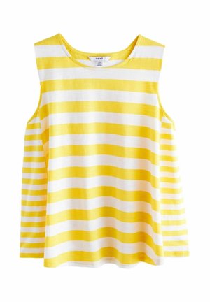 Bezrekawnik z szerokimi poziomymi żółtymi i białymi paskami, okrągłym dekoltem i luźnym krojem.