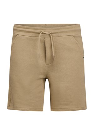 Beige Freizeit-Shorts mit elastischem Bund, verstellbarem Kordelzug und Seitentaschen, aus weichem Strickstoff gefertigt.
