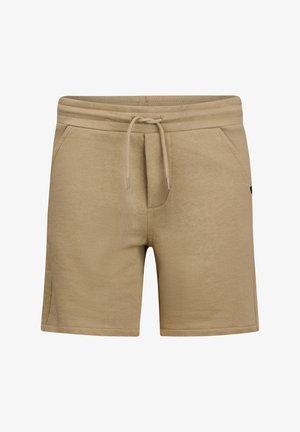 Beżowe casualowe szorty z elastycznym pasem, regulowanym sznurkiem i bocznymi kieszeniami, wykonane z miękkiej dzianiny.